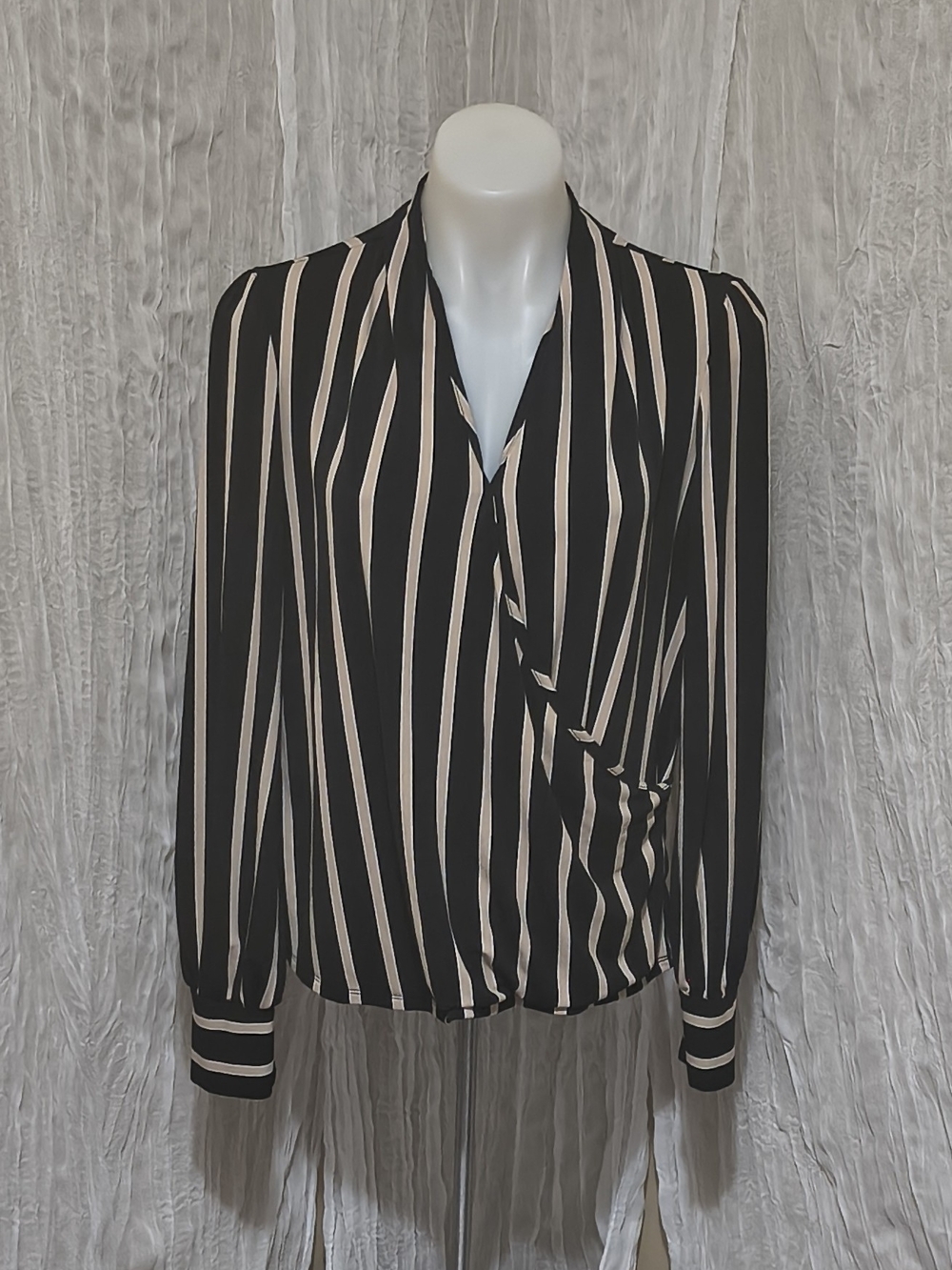 Adrianna Papell Black and Cream Striped Wrap Blouse